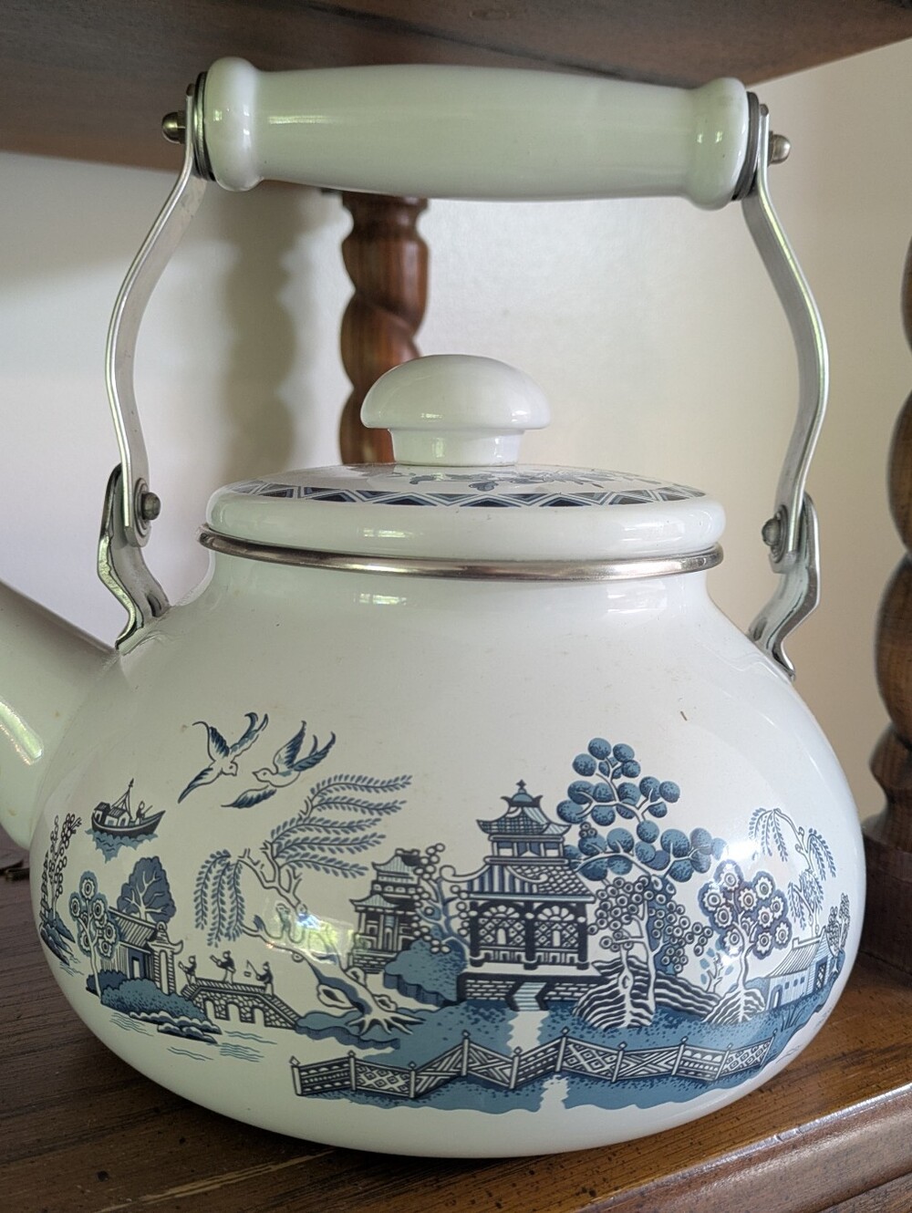 White Porcelain Teapot with Blue Willow Scenic Pattern